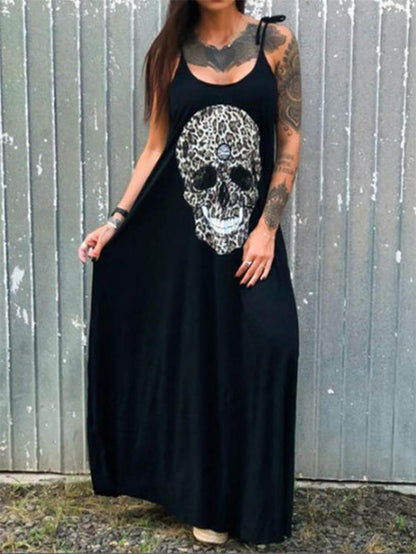 Camisole-Kleid mit Leoparden-Totenkopf-Print und Schnürung 