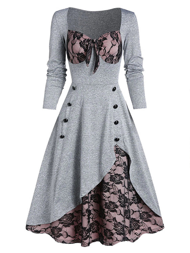 Retro lace stitching button long-sleeved ladies punk dress