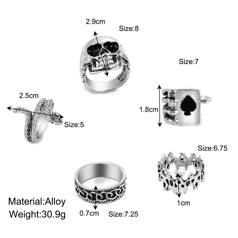 Retro Skull Snake Poker Rings Set