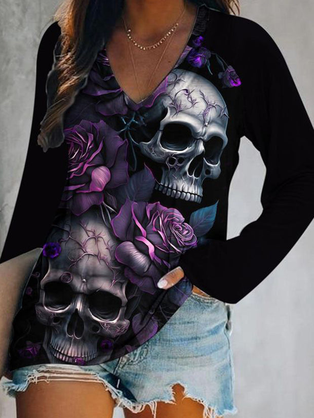 Gothic Rose Skull Print V-neck Long-Sleeved top