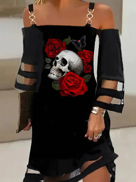 Neckholder-Slingkleid mit Netzstoff, Totenkopf- und Rosen-Print und Metallriemen 