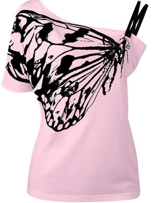 Butterfly Print Irregular Off-Shoulder Strappy T-Shirt