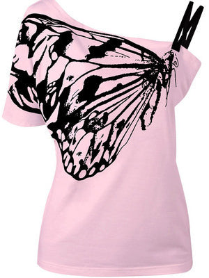 T-shirt irrégulier à bretelles et épaules dénudées imprimé papillon 