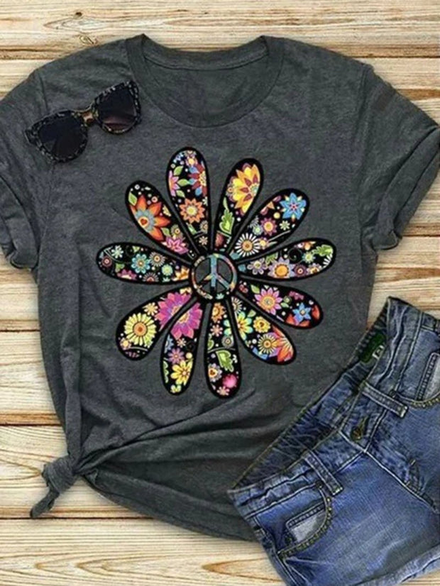 T-shirt à manches courtes et col rond imprimé floral 