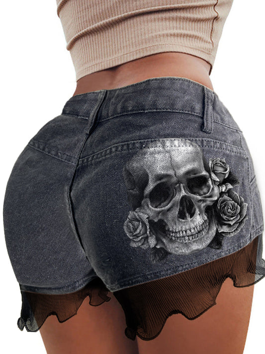 Short en jean sexy à coutures imprimées tête de mort