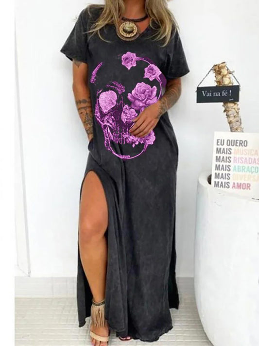 Purple Skull Printed V-neck Dress