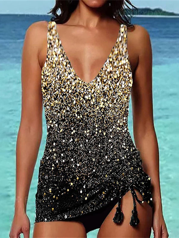 Sequined Printed Split Swimsuit