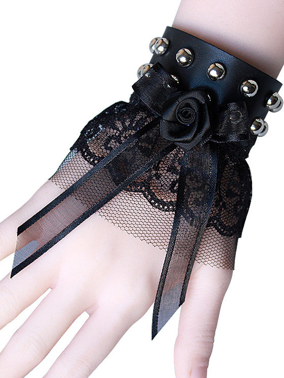 Bracelet gothique punk avec nœud en dentelle noire 