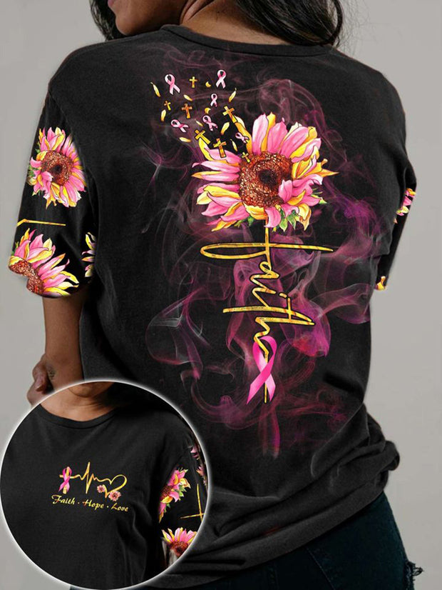Ribboned Flower Printed Casual T-Shirt