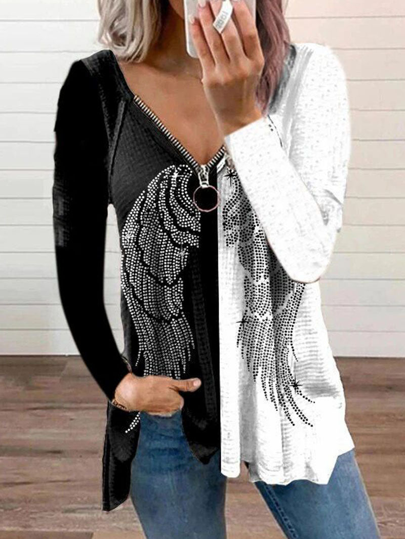 Angel Wings Print Long Sleeve Zip up V-neck Top