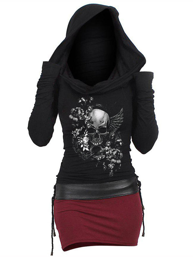 Skull In Flower Butterfly Hooded Color-Matching Dresses