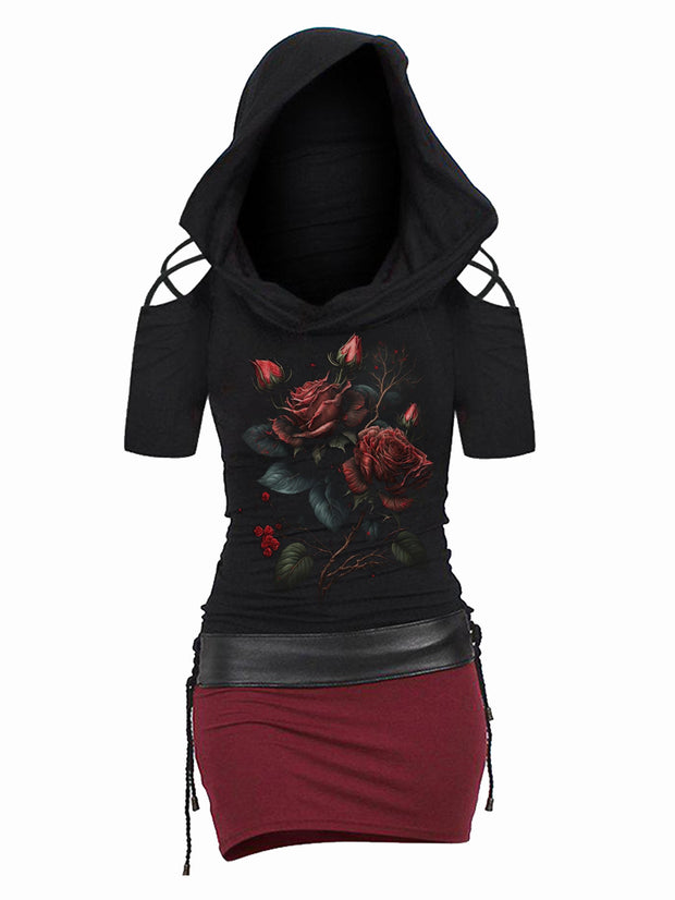 Gothic-Kleid mit rotem Rosen-Print und schulterfreiem Kapuzenmuster