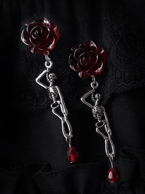 Dark Blood Rose Skull Earrings