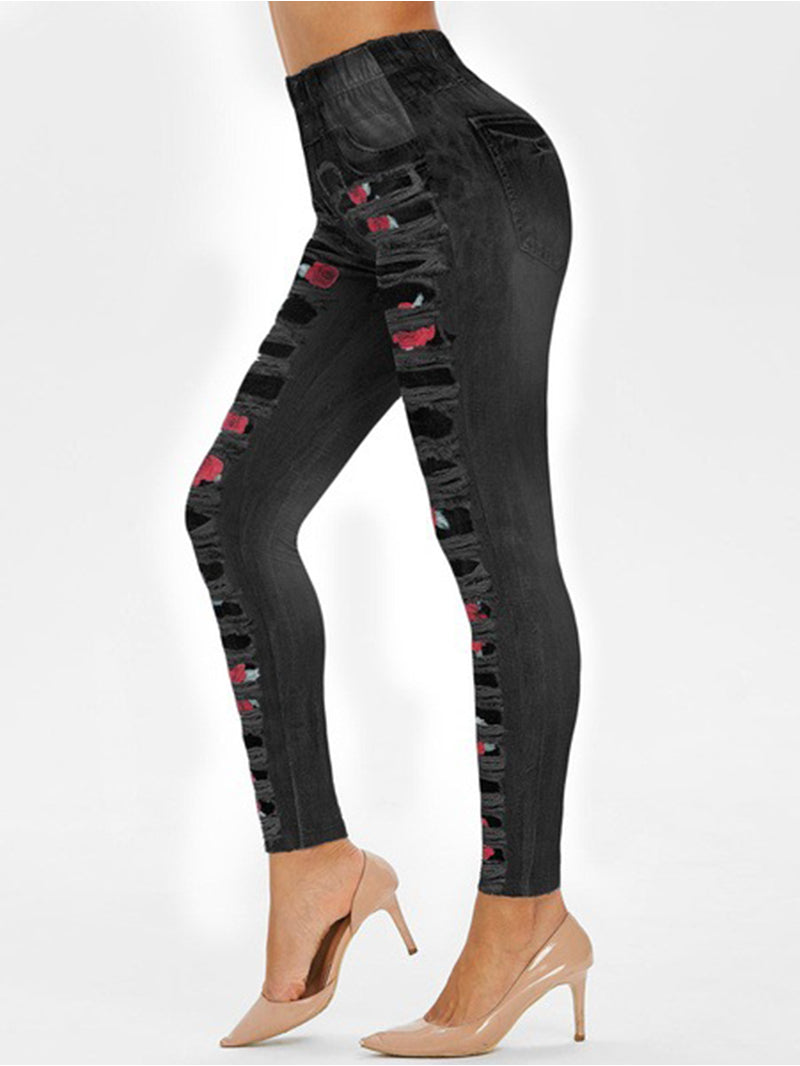 Roses Printed High Waist Ripped Pants