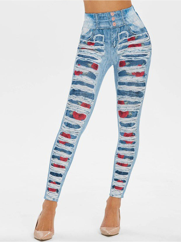 Roses Printed High Waist Ripped Pants