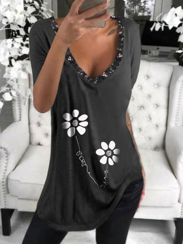 Casual V-neck Sequined Floral Printed T-shirt