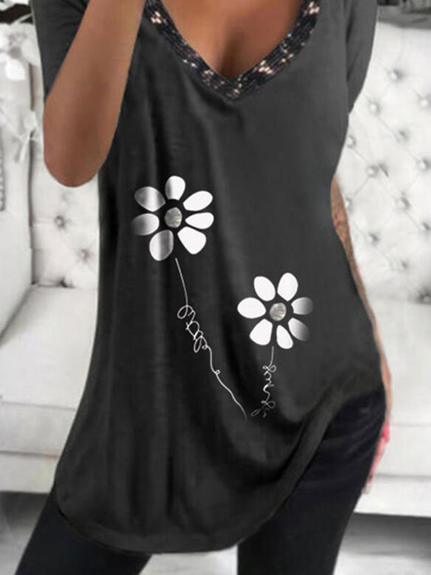 Casual V-neck Sequined Floral Printed T-shirt