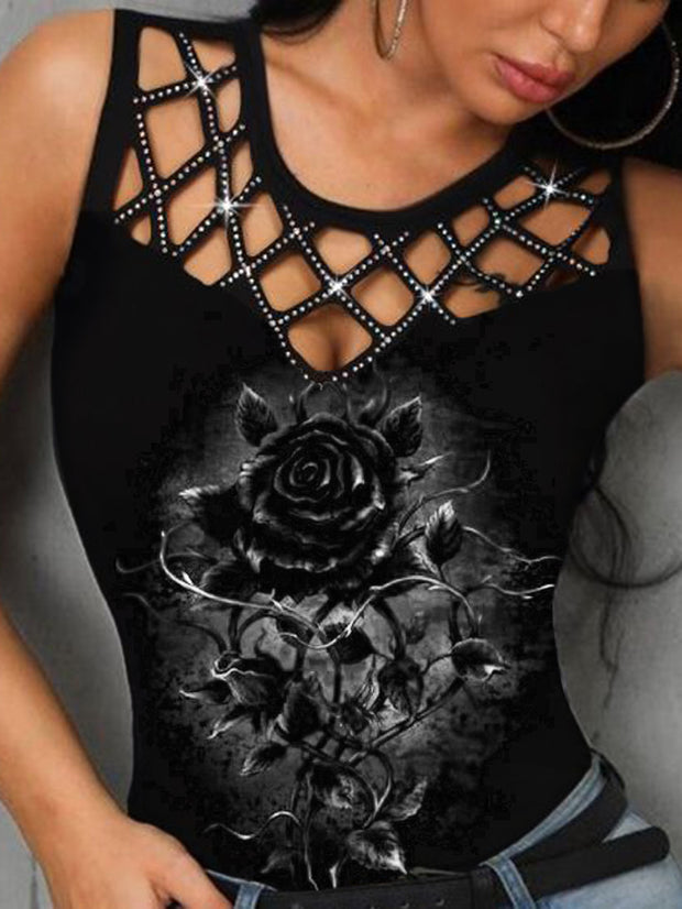 Hollowed Out Dark Rose Printed Tank Top