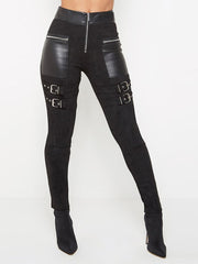 Black Panel Leather Patchwork Zipper Trousers
