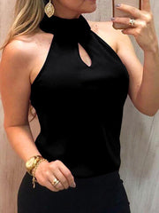 Solid Color Hollowed Sleeveless Halter T-Shirt