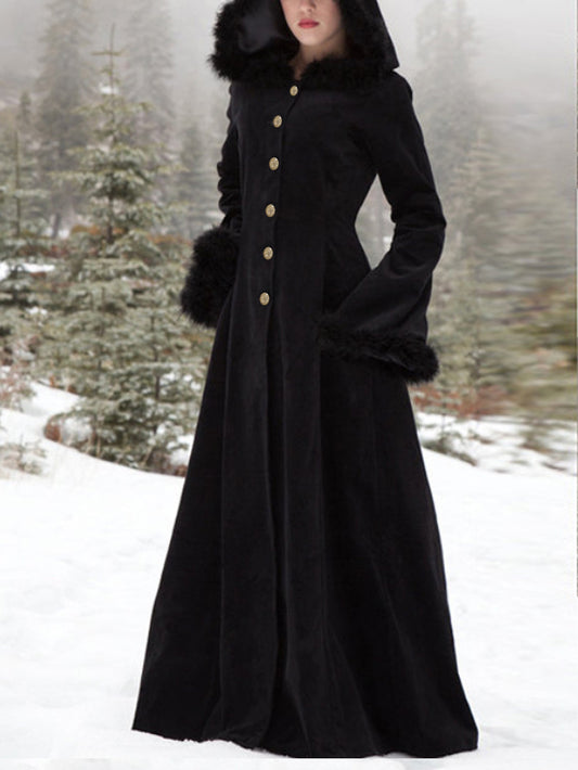 Vintage Buckle Fur Collar Hooded  Coat