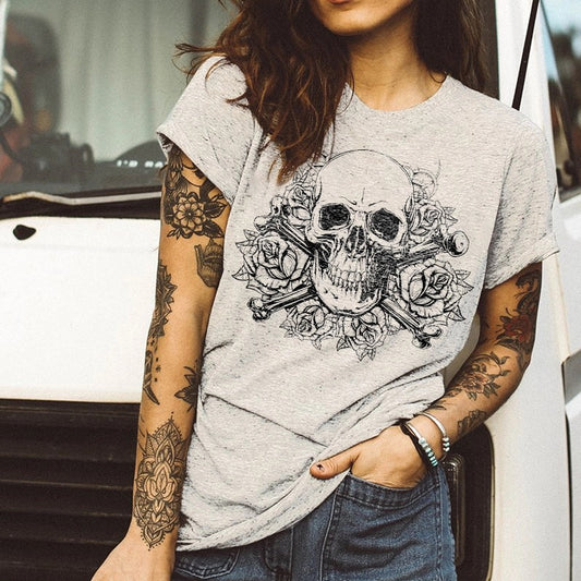 Bequemes T-Shirt mit Totenkopf-Blumen-Print 