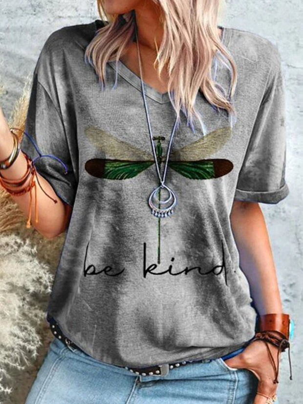 Round neck dragonfly print pullover short sleeve top