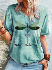 Round neck dragonfly print pullover short sleeve top