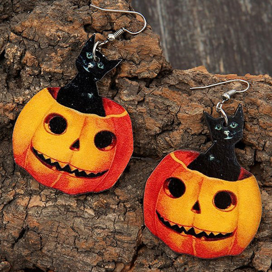 Halloween Pumpkin Black Cat Earrings