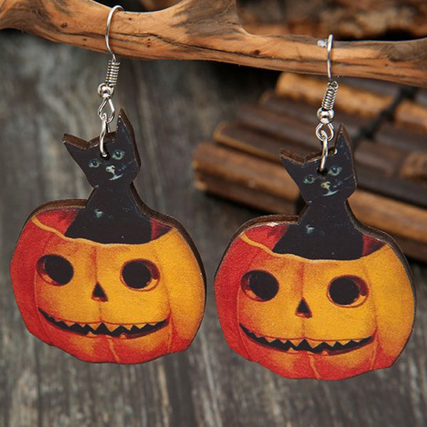 Halloween Pumpkin Black Cat Earrings
