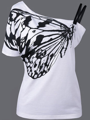 Butterfly Print Irregular Off-Shoulder Strappy T-Shirt