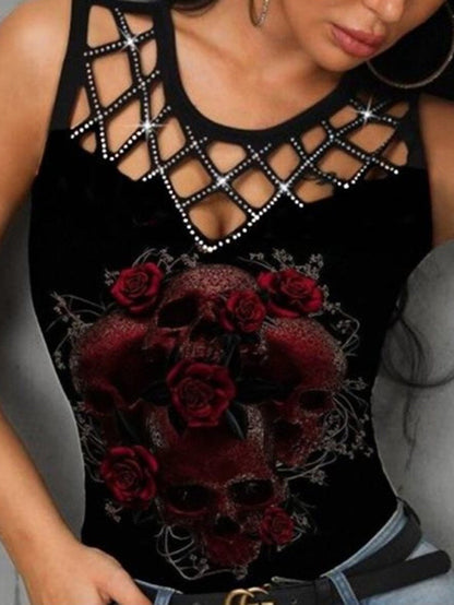 Punk Top mit Rosen Totenkopf Aufdruck 