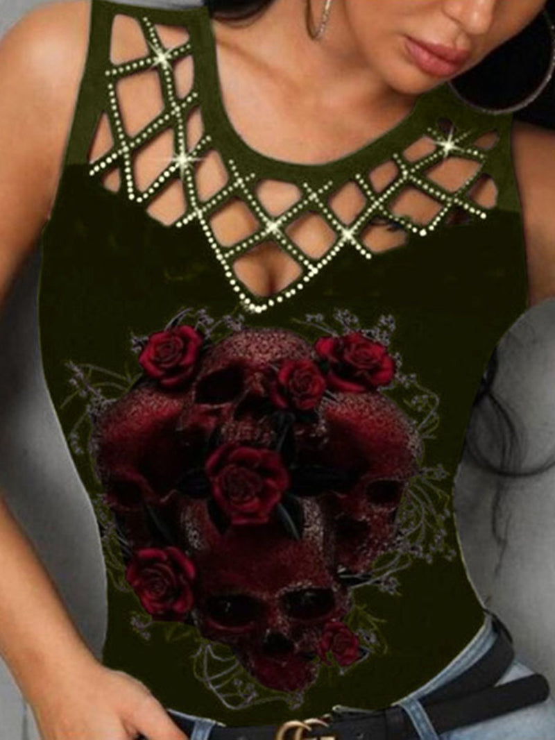 Punk Top mit Rosen Totenkopf Aufdruck 