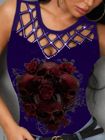 Punk Top mit Rosen Totenkopf Aufdruck 