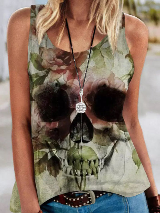 Ärmelloses Tanktop mit U-Ausschnitt und Blumen-Totenkopf 