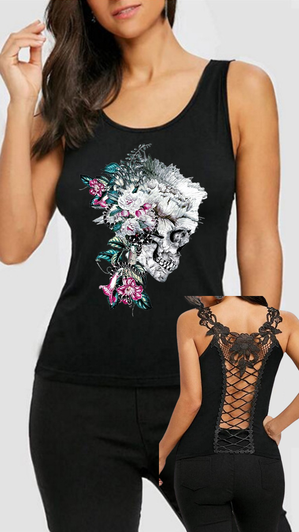 Gothic Flower Skull Print Lace Hollow Sexy Vest