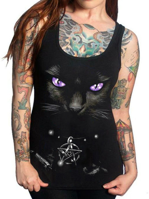 Schwarze Weste mit Katzen-Print und violetten Augen 