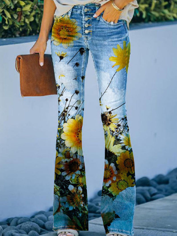 Pantalon décontracté à imprimé floral tournesol pour femme 
