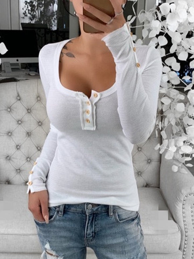 Round neck button slim slimming long-sleeved T-shirt