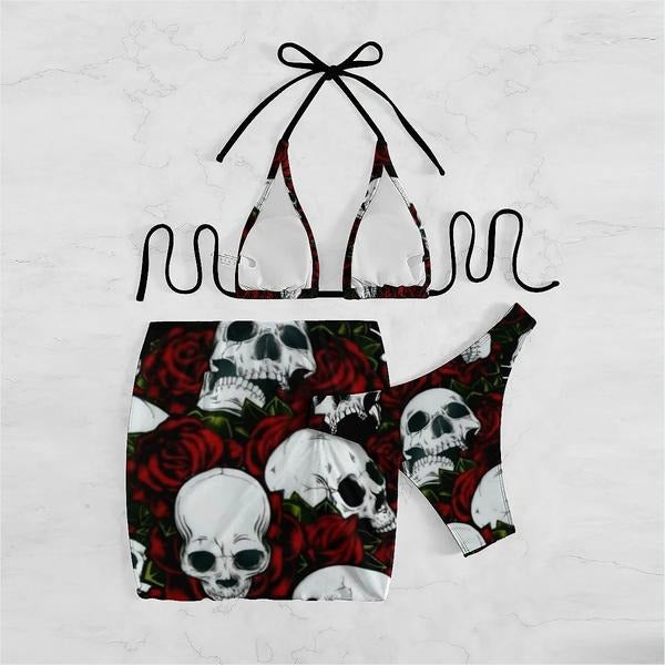 Sexy Bikini-Badeanzug mit Rosen-Totenkopf-Print in Rot