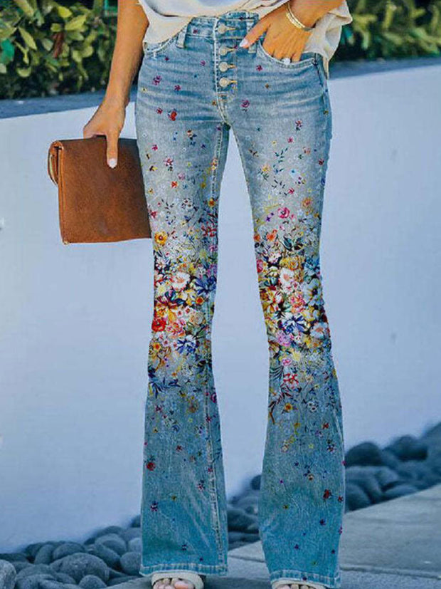 Pantalon décontracté fin à imprimé floral imitation jean 