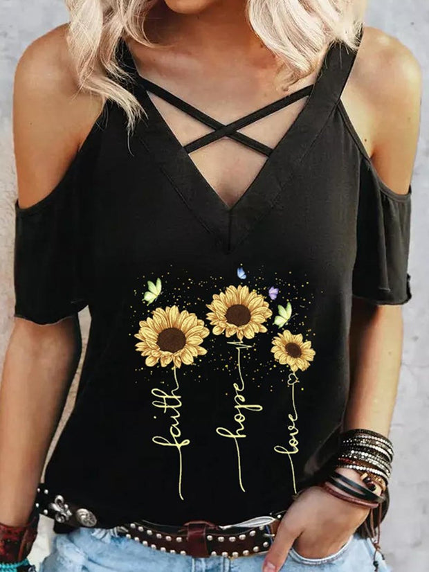 Trägerloses T-Shirt mit V-Ausschnitt und kurzen Ärmeln sowie Sonnenblumen- und Schmetterlings-Print 