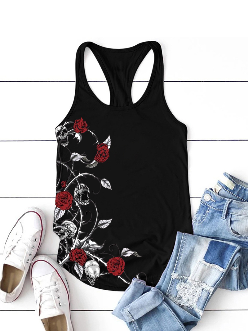 Rose Skull Vine Printed Sexy I-Shaped Vest