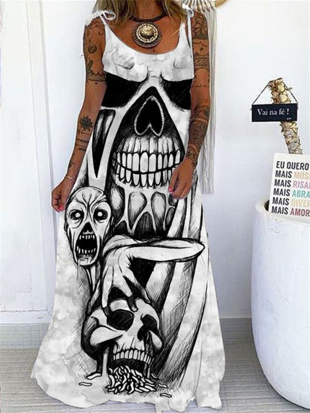 Spooky Skull Printed Sleeveless Maxi Dress