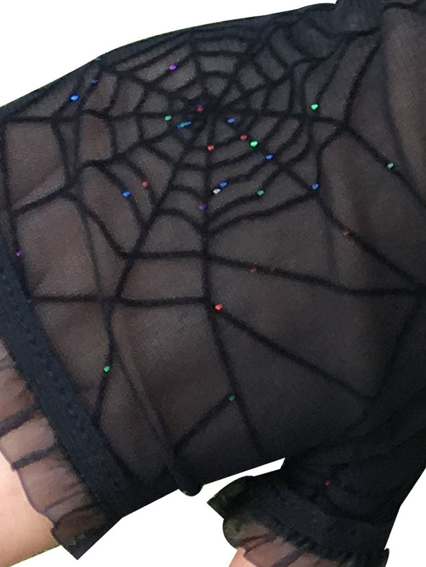 Lange Handschuhe mit Spinnennetz-Muster und Rüschensaum 