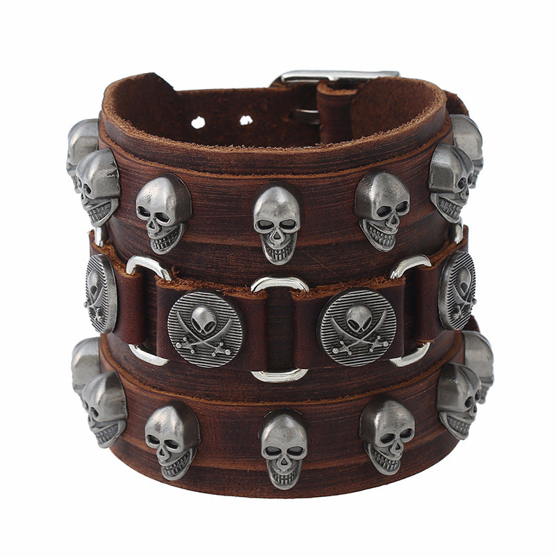 Bracelet Punk En Cuir De Vachette Crânes Rivetés