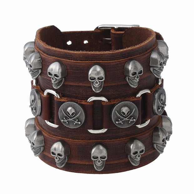 Riveted Skulls Cowhide Punk Bracelet