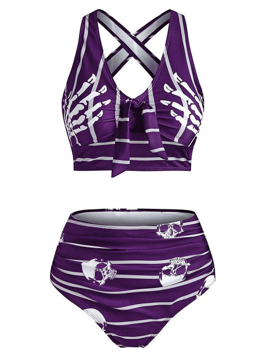 Striped Cross Strap Skull Print Swimsuit