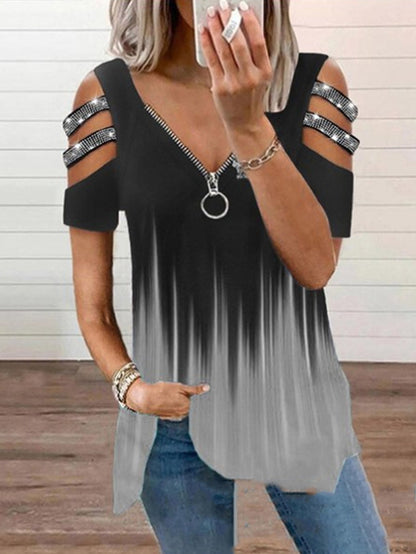 Printed V-neck Zipper Hollowed-out T-shirt