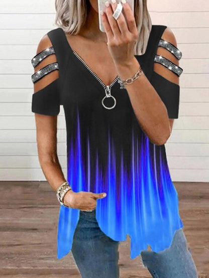 Printed V-neck Zipper Hollowed-out T-shirt